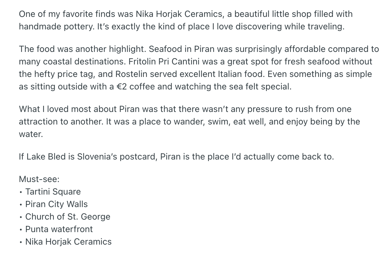 The r/travel trip report on Reddit: the paragraph reading, one of my favorite finds was Nika Horjak Ceramics, a beautiful little shop filled with handmade pottery, and below it the trip’s must-see list, where Nika Horjak Ceramics appears alongside Tartini Square, the Piran City Walls, the Church of St. George, and the Punta waterfront.